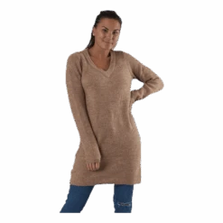 Pieces Ellen Ls V-Neck Knit Dress Beige